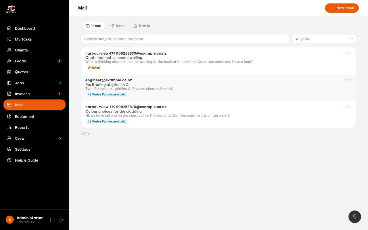 The FastCrew mail page showing job emails with their job and an unlinked enquiry