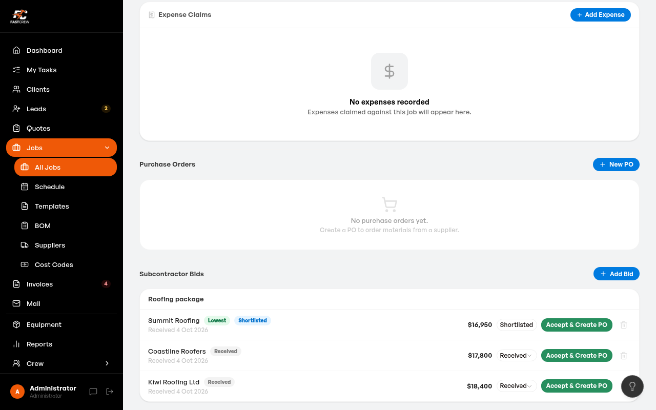 Three roofing bids compared side by side with the lowest flagged and an Accept and Create PO button